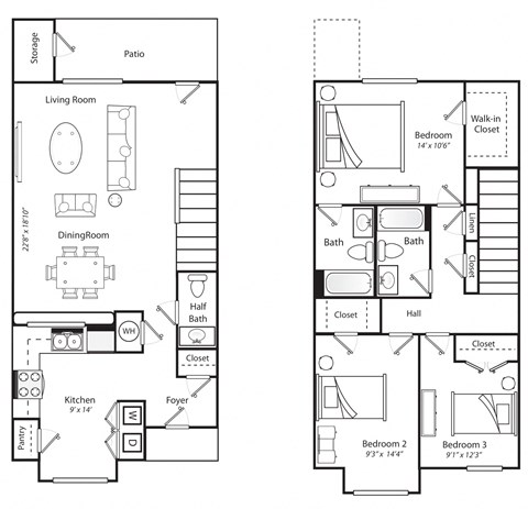 Floor plan for 3 beds, 2.5 baths, 1450 sqft